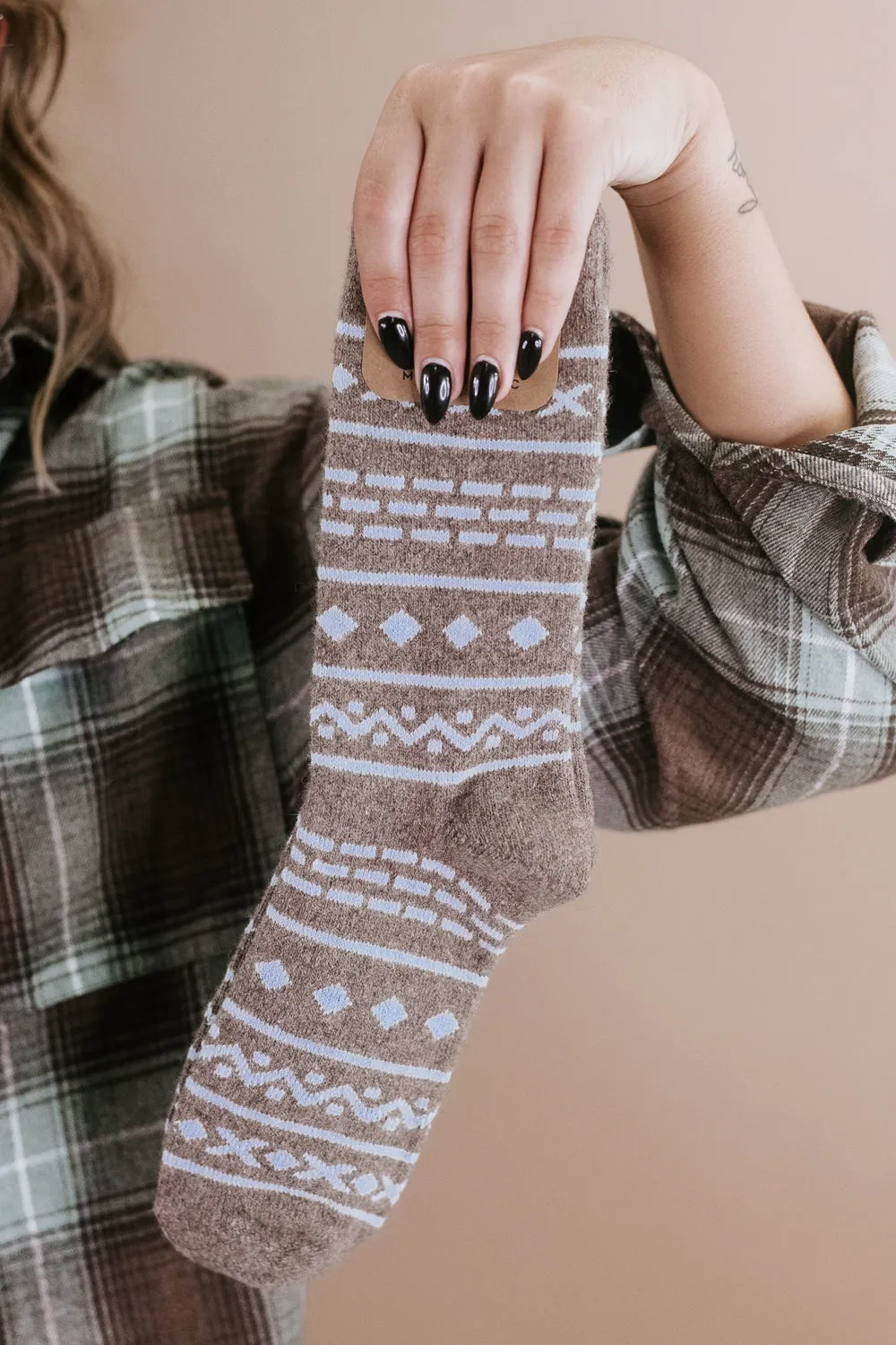 Aztec Wool Blend Crew Socks, Brown