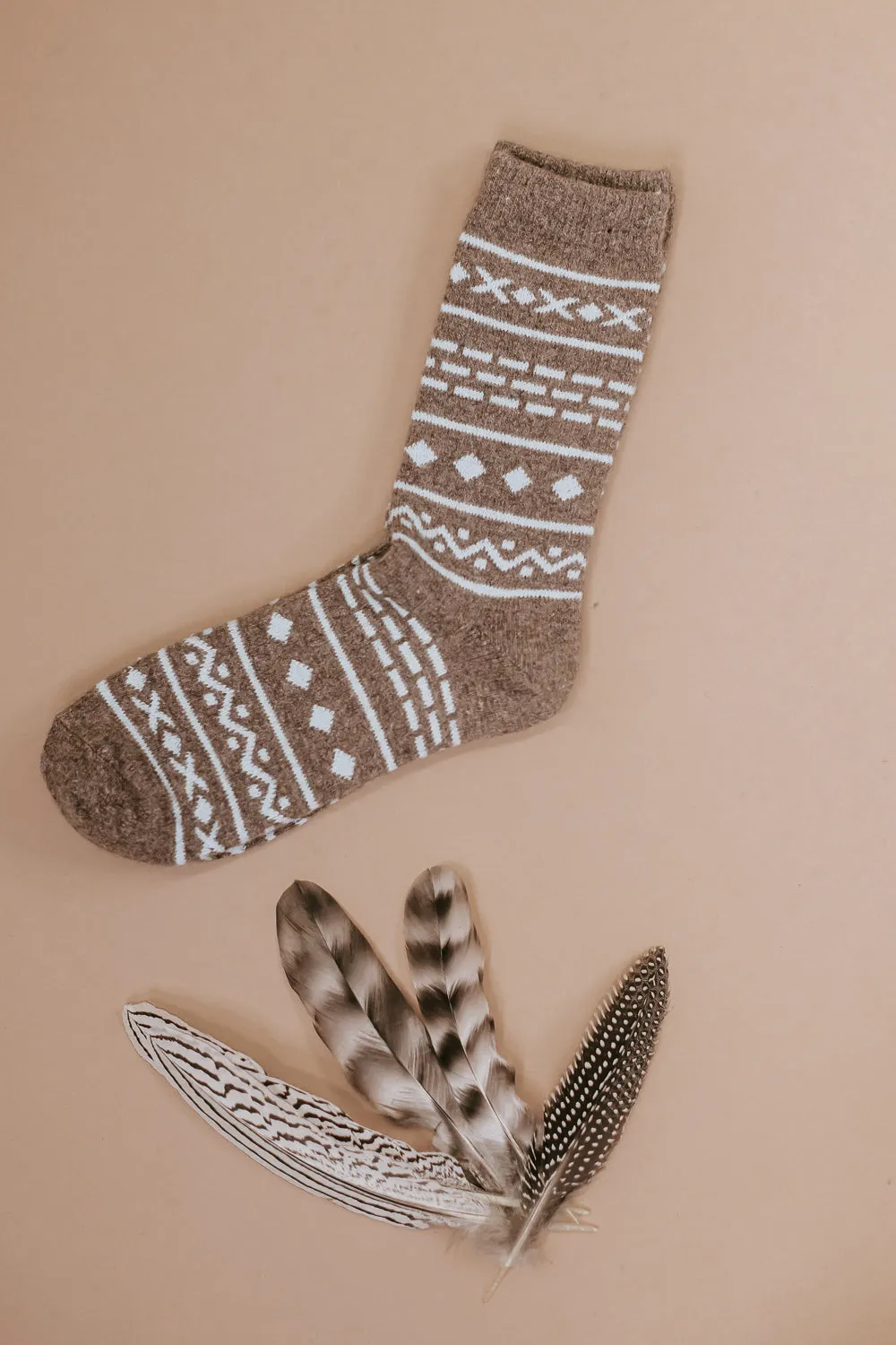 Aztec Wool Blend Crew Socks, Brown