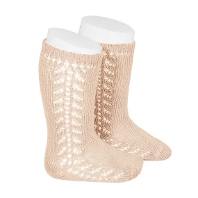 Condor Socks - Side Openwork Lace Knee High - Nude