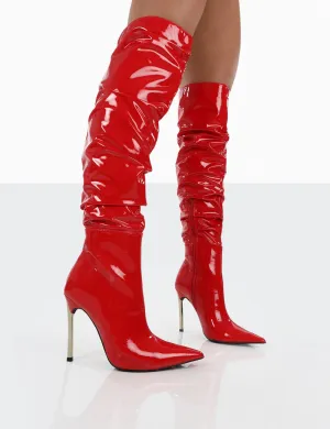 Energy Red Patent Pointed Toe Over The Knee Heeled Boots