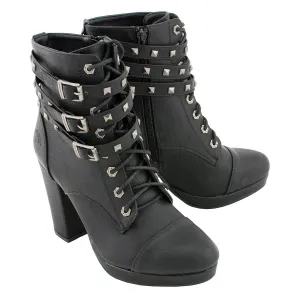 Milwaukee Leather MBL9417 Women's Black Lace-Up Fashion Boots with Triple Strap Studded Accents