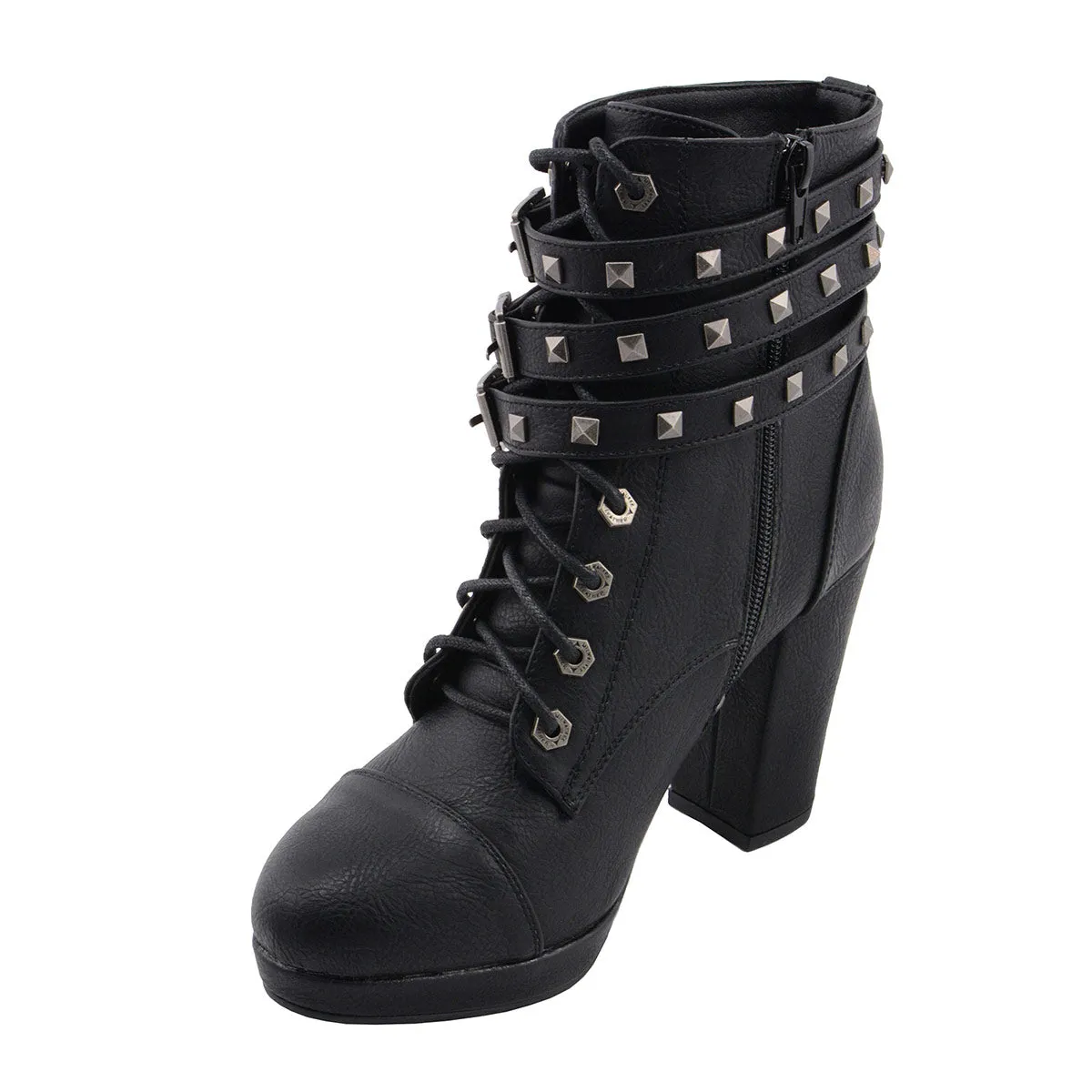 Milwaukee Leather MBL9417 Women's Black Lace-Up Fashion Boots with Triple Strap Studded Accents